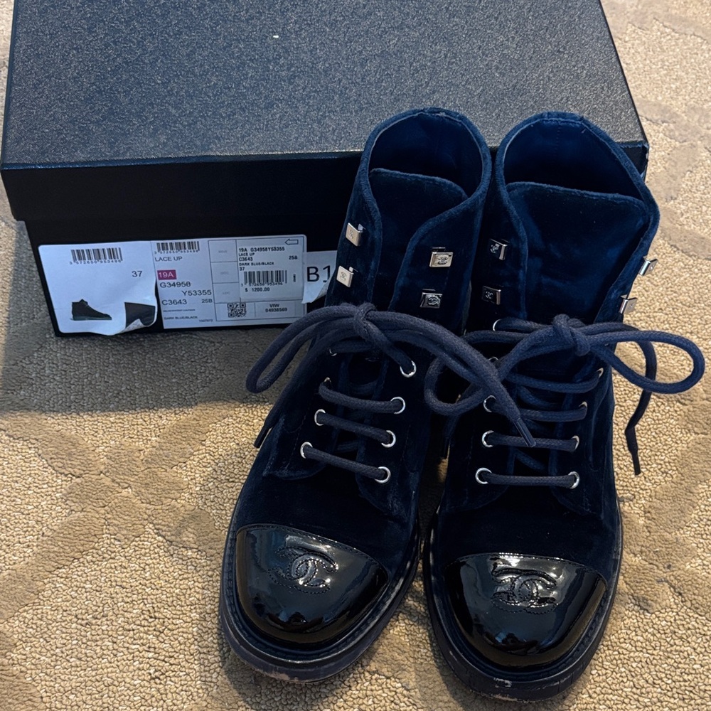 Authentic CHANEL Dark Blue Velvet Ankle Boots